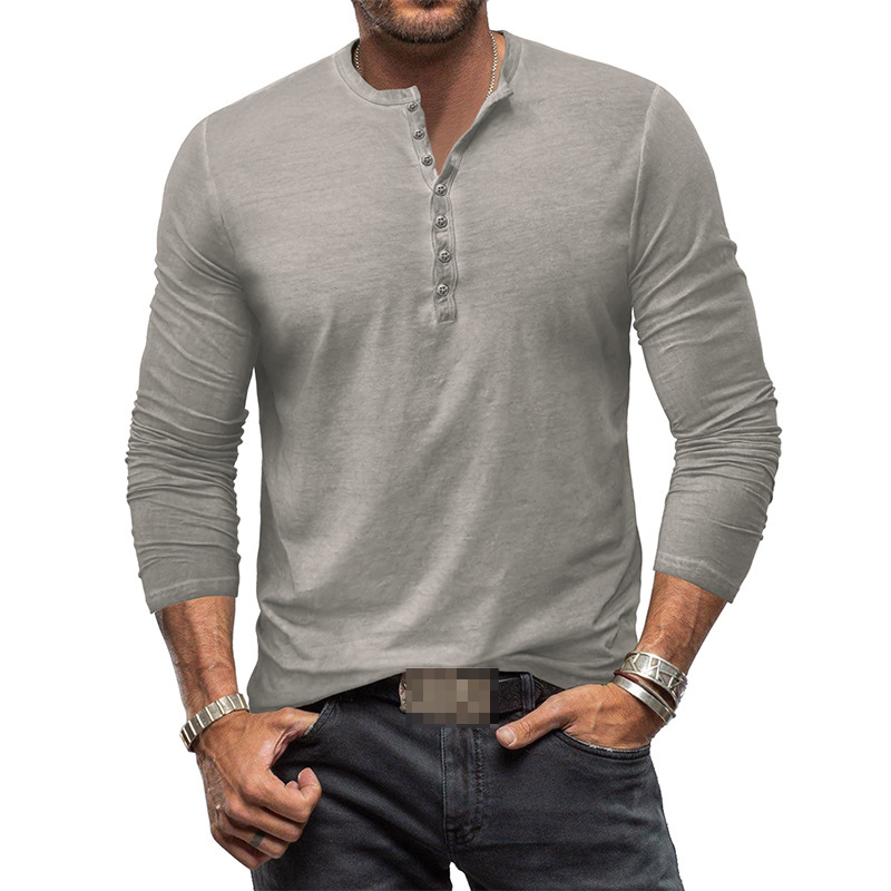 Men's casual long-sleeve Henley shirt with button placket