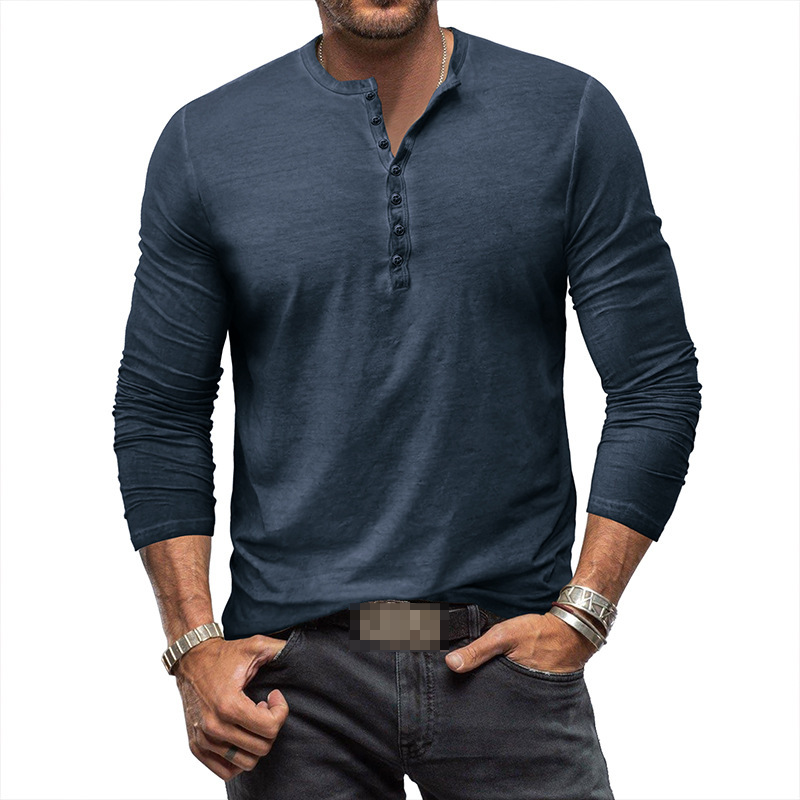 Men's casual long-sleeve Henley shirt with button placket