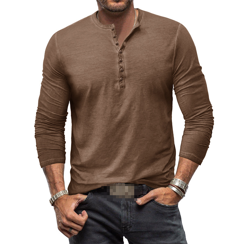 Men's casual long-sleeve Henley shirt with button placket