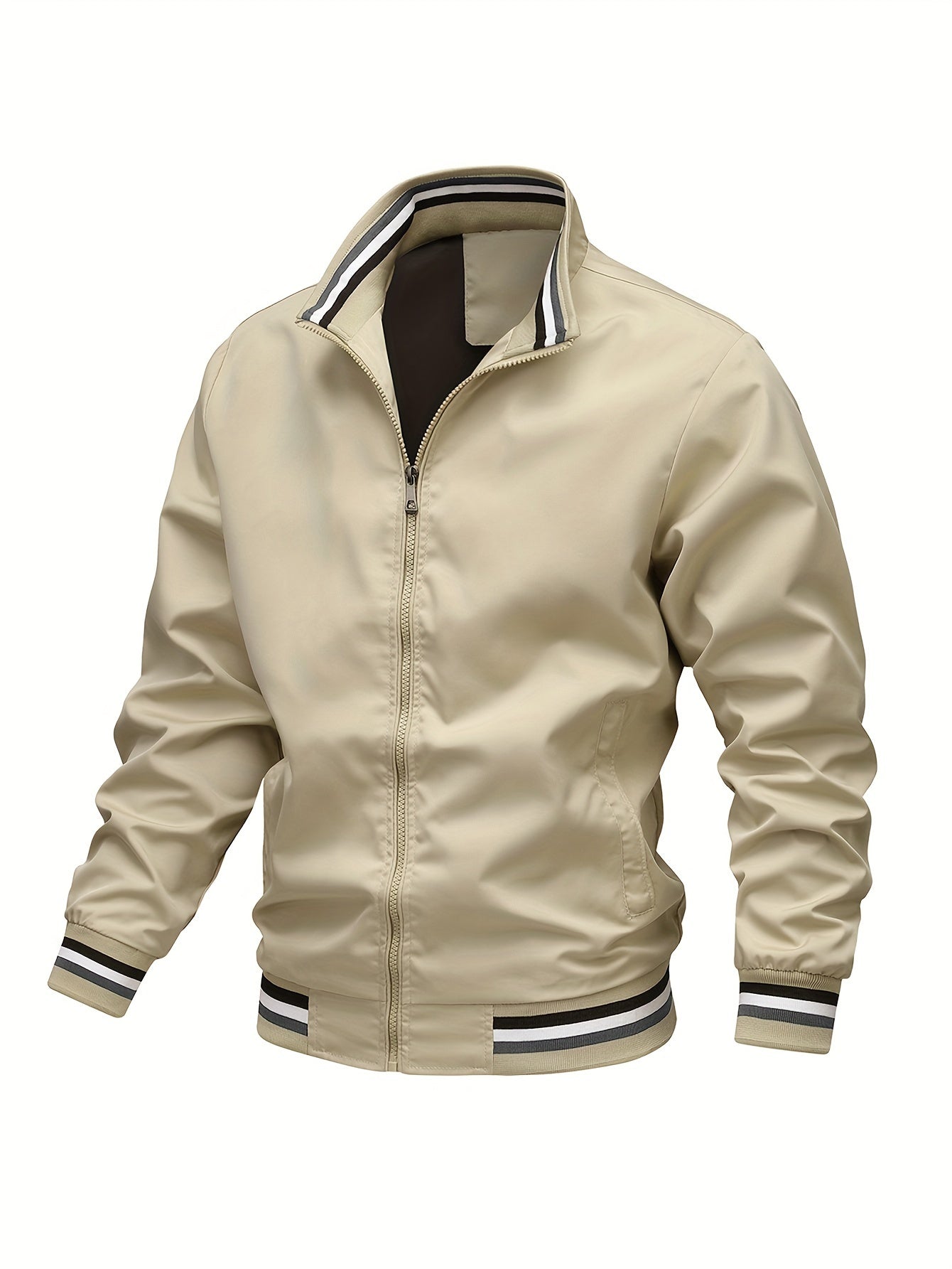 Men's zip-up bomber jacket with striped ribbed collar