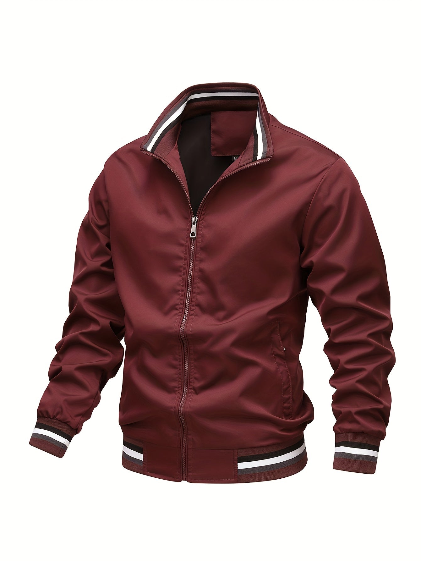 Men's zip-up bomber jacket with striped ribbed collar