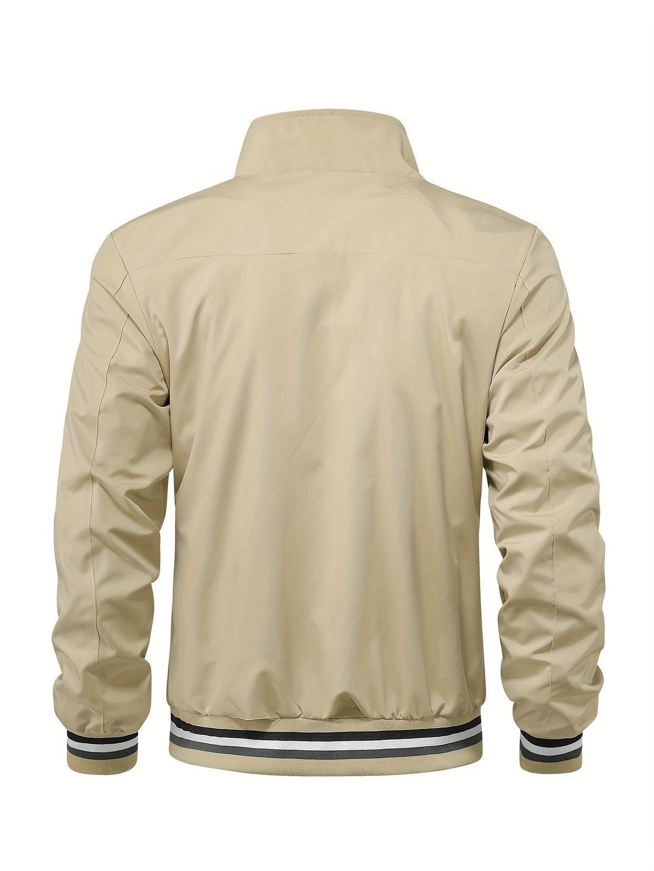 Men's zip-up bomber jacket with striped ribbed collar