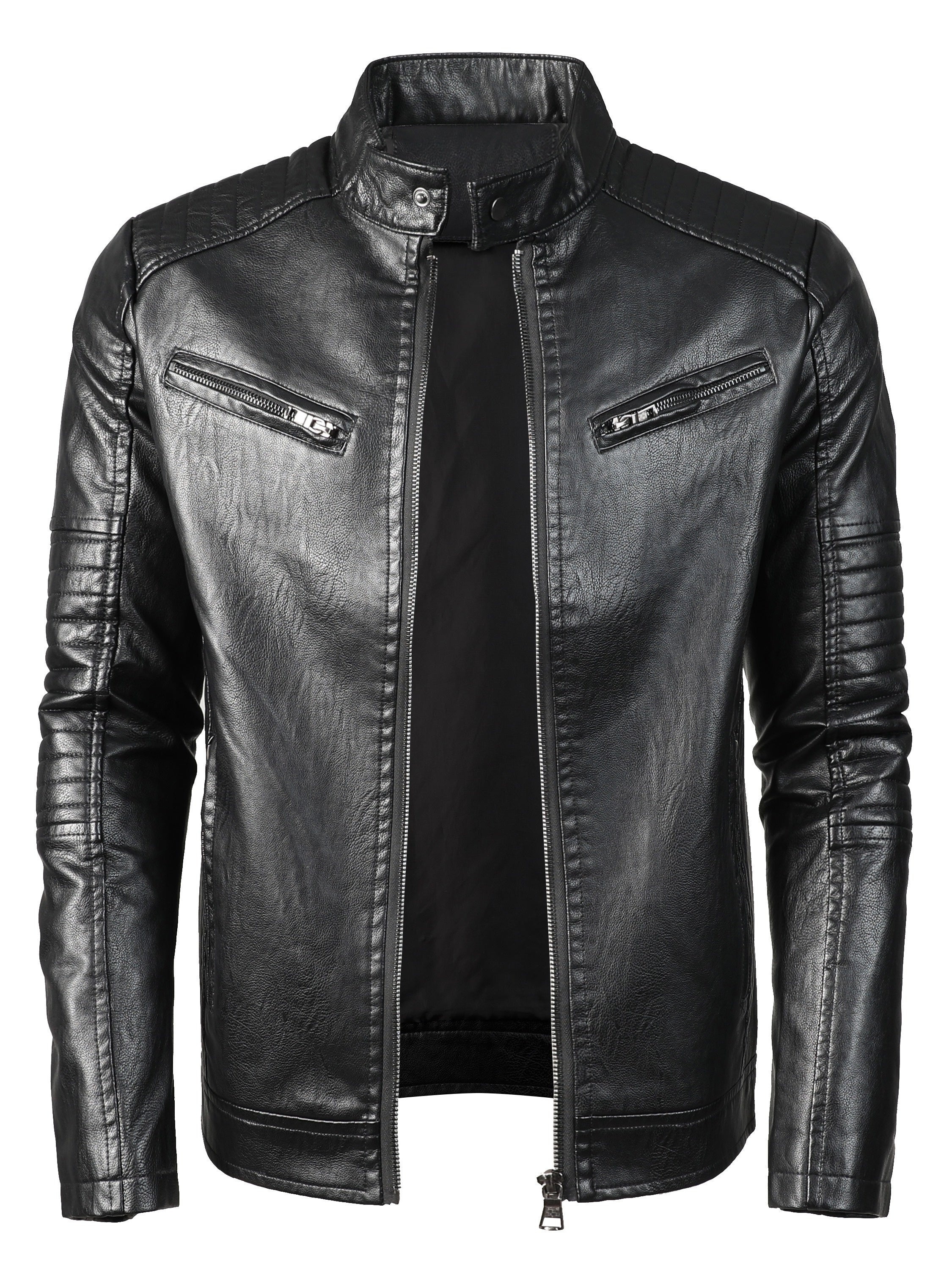 Men's biker jacket with stand collar and zippered pockets