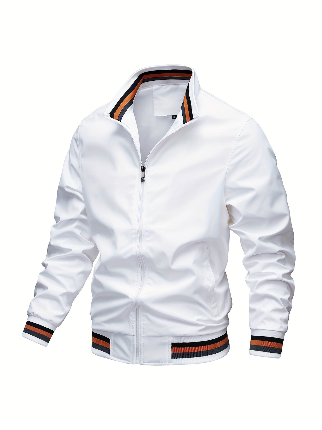 Men's zip-up bomber jacket with striped ribbed collar