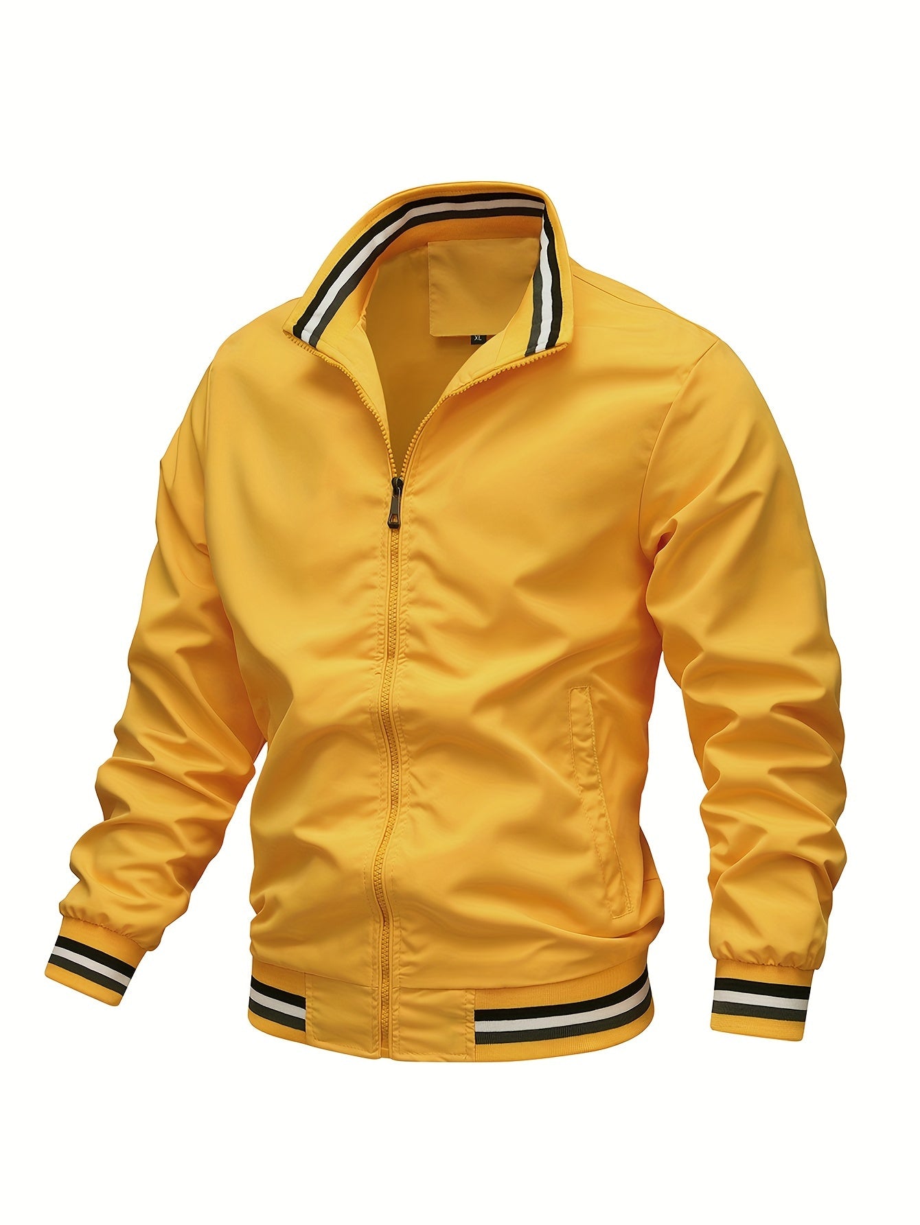 Men's zip-up bomber jacket with striped ribbed collar