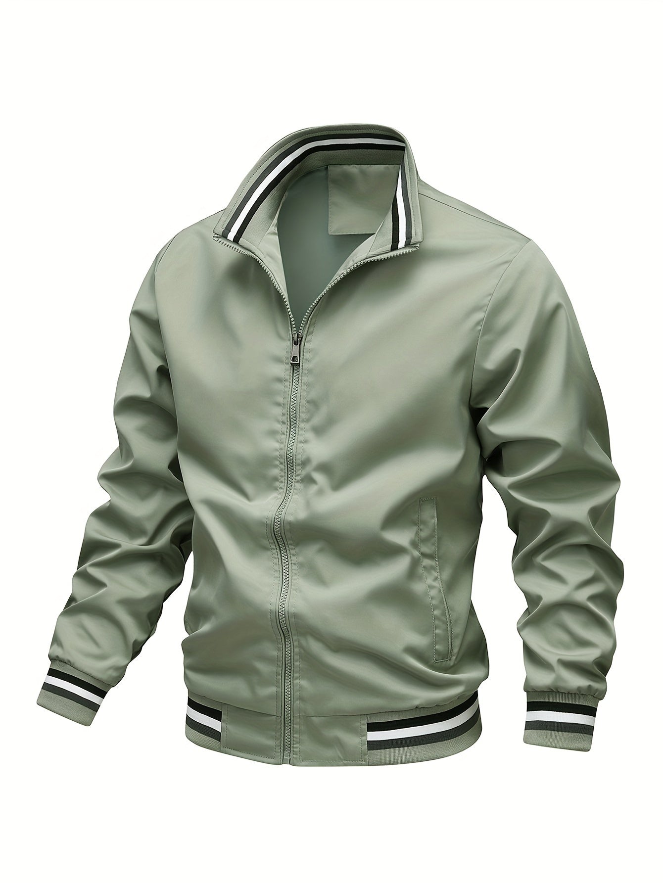 Men's zip-up bomber jacket with striped ribbed collar