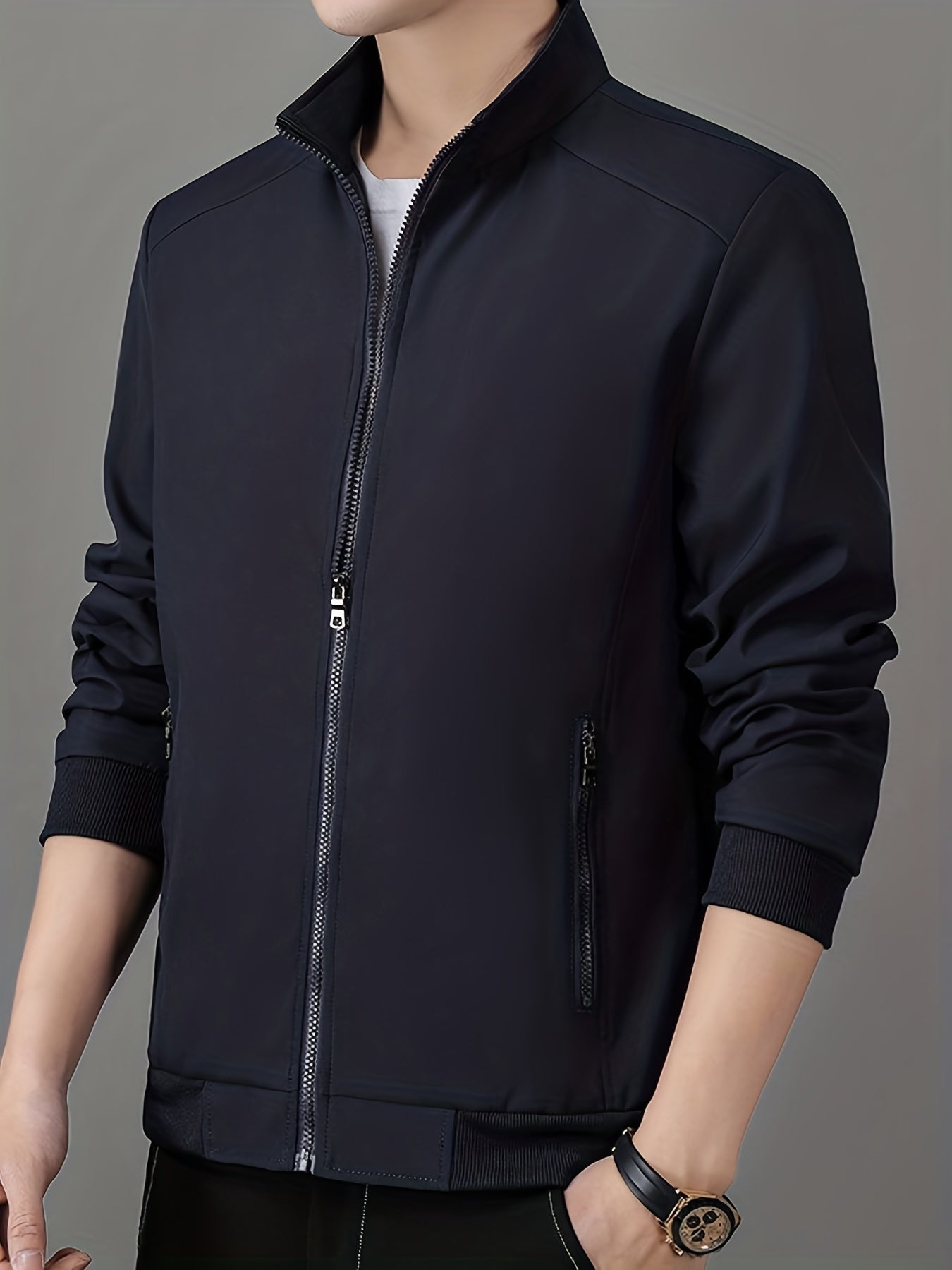 Men's casual stand-collar jacket with zippered pockets