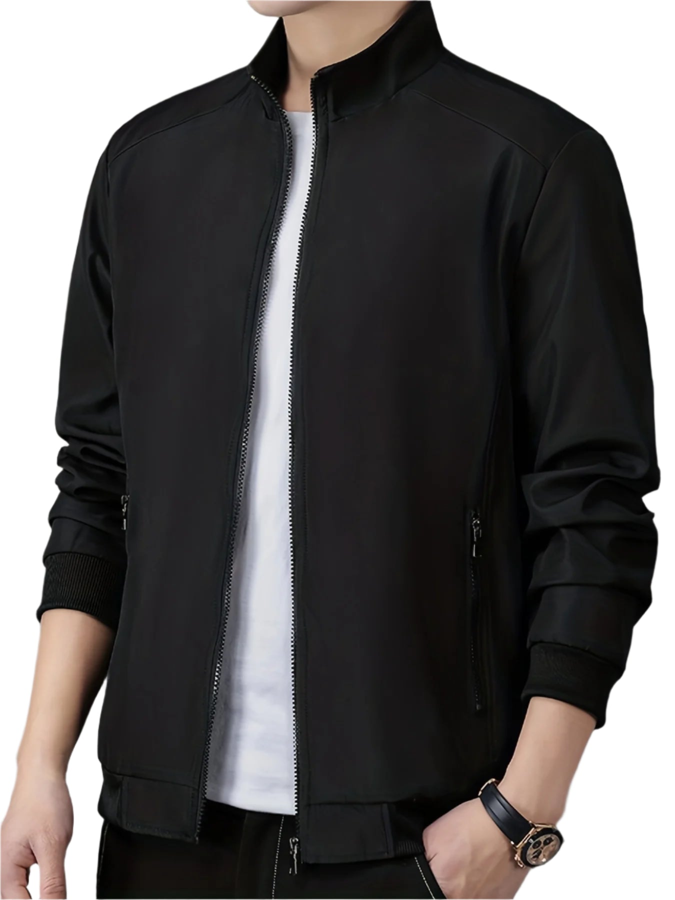 Men's casual stand-collar jacket with zippered pockets