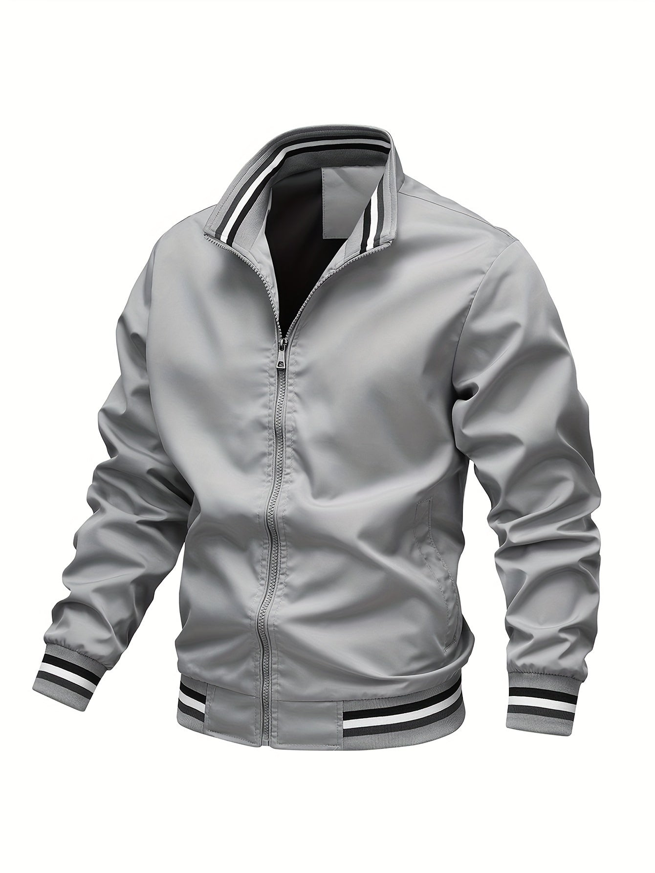 Men's zip-up bomber jacket with striped ribbed collar