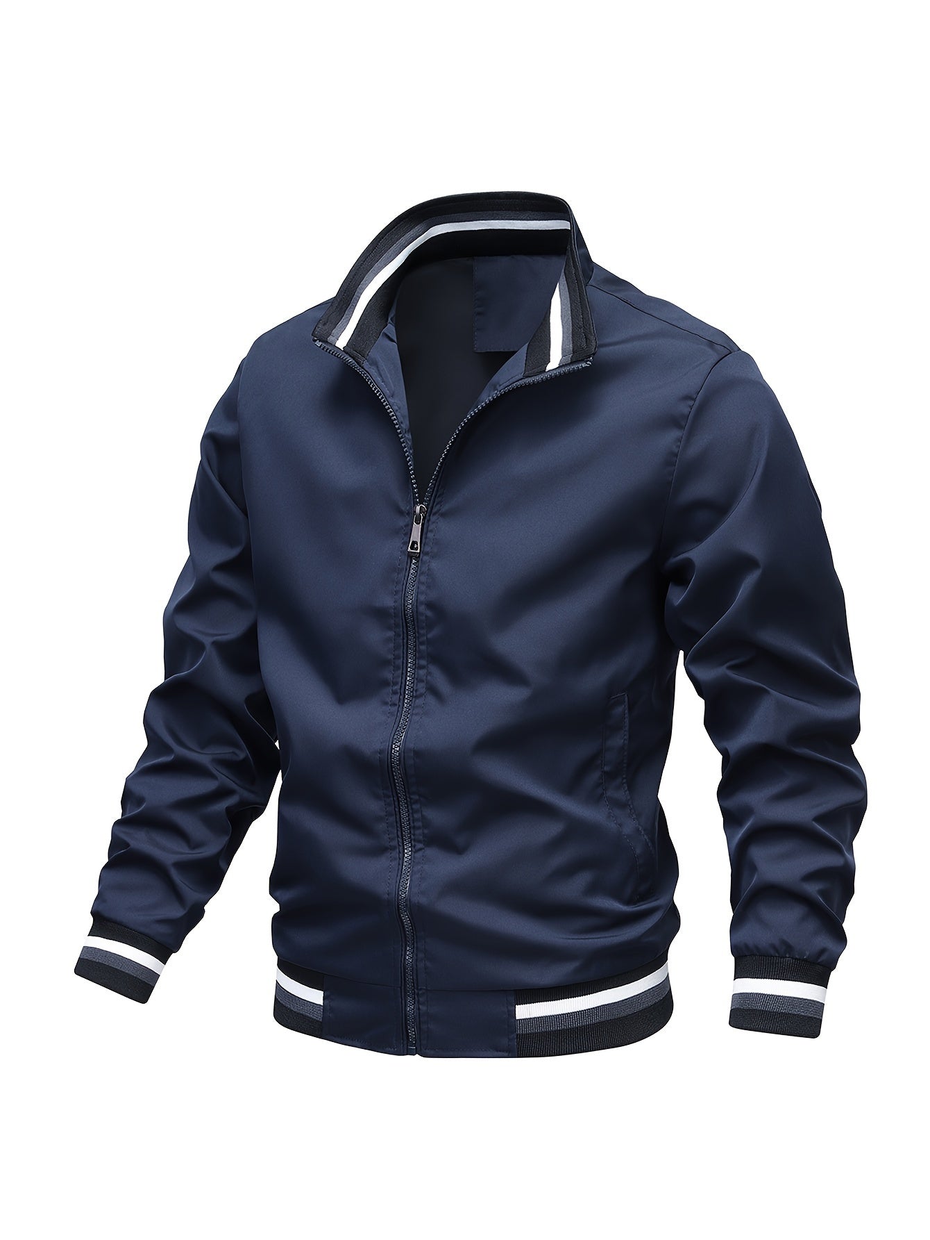 Men's zip-up bomber jacket with striped ribbed collar