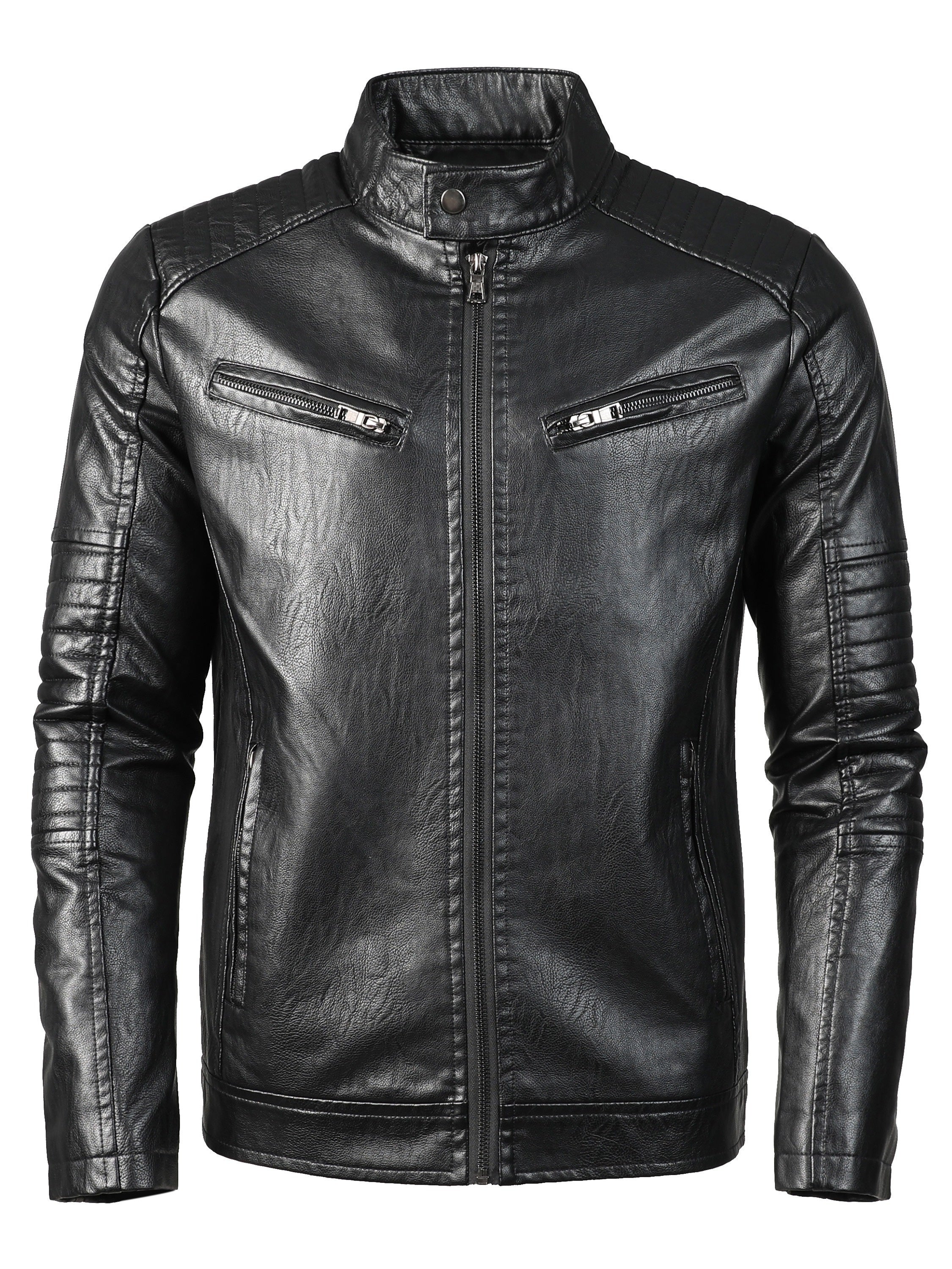 Men's biker jacket with stand collar and zippered pockets