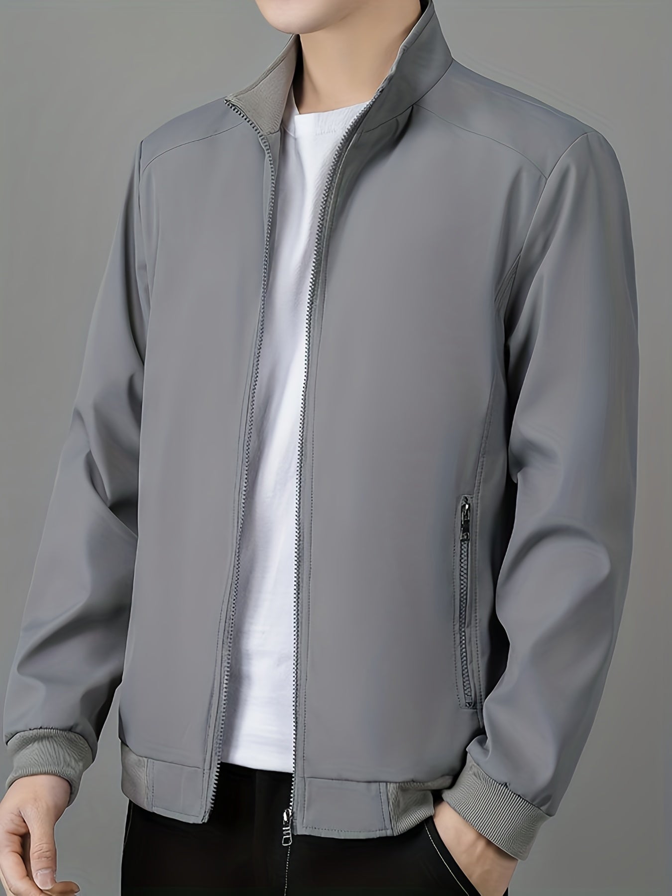 Men's casual stand-collar jacket with zippered pockets