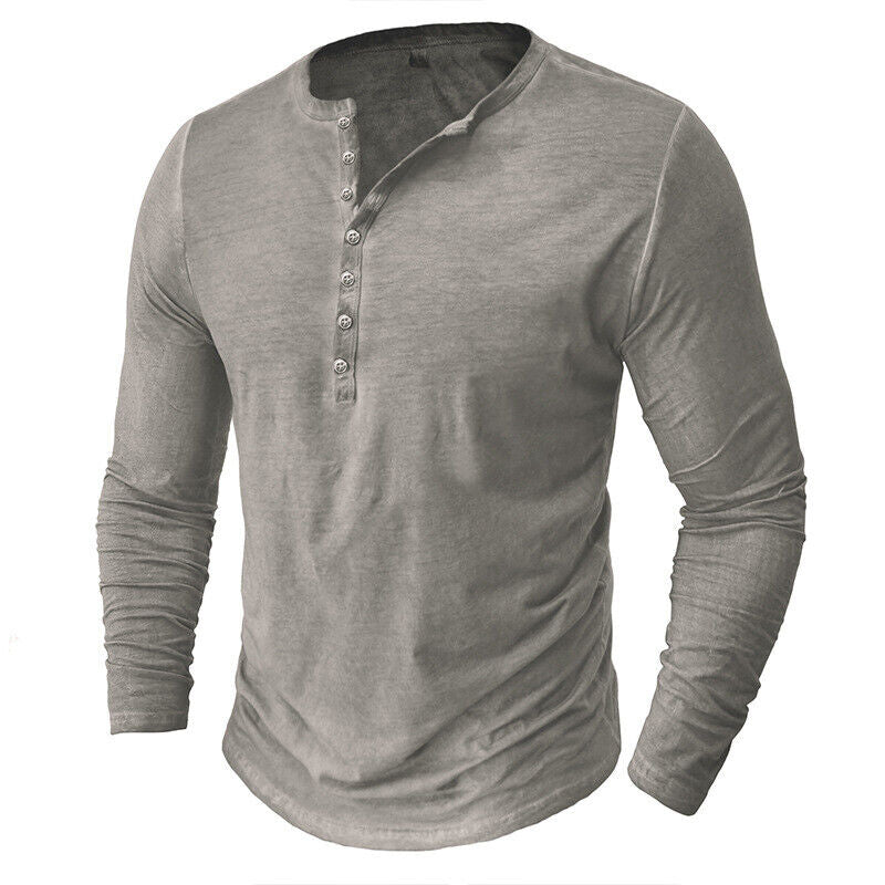 Men's casual long-sleeve Henley shirt with button placket