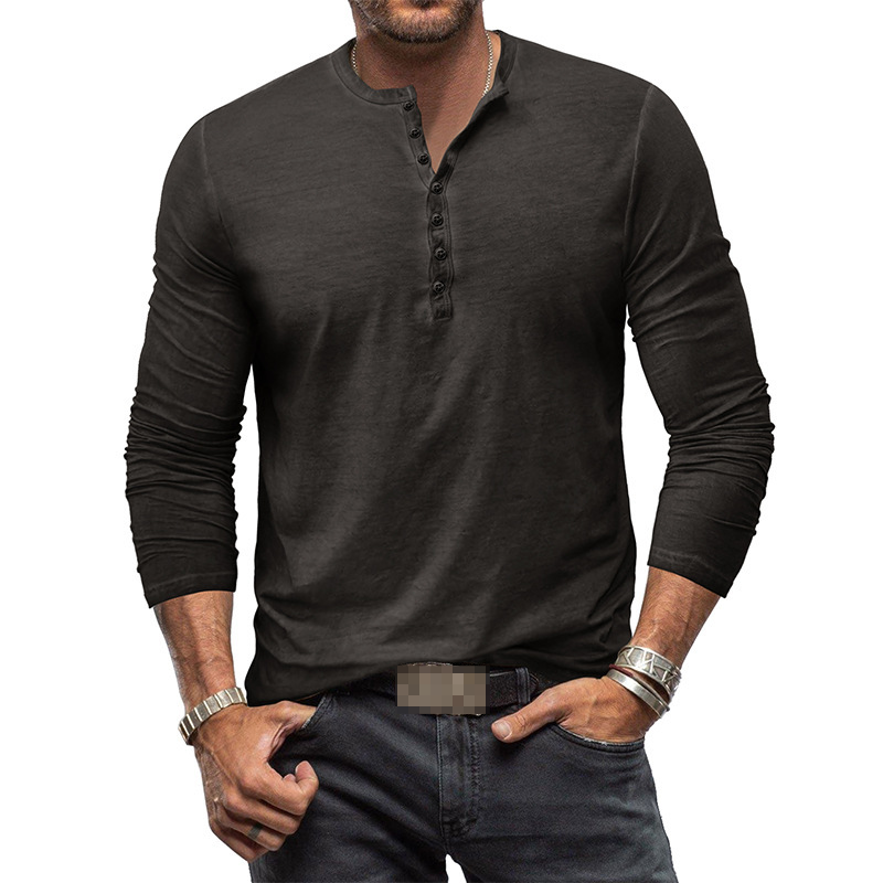 Men's casual long-sleeve Henley shirt with button placket