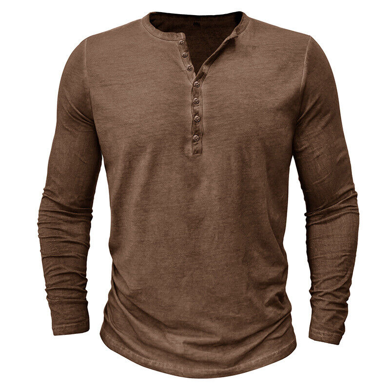 Men's casual long-sleeve Henley shirt with button placket