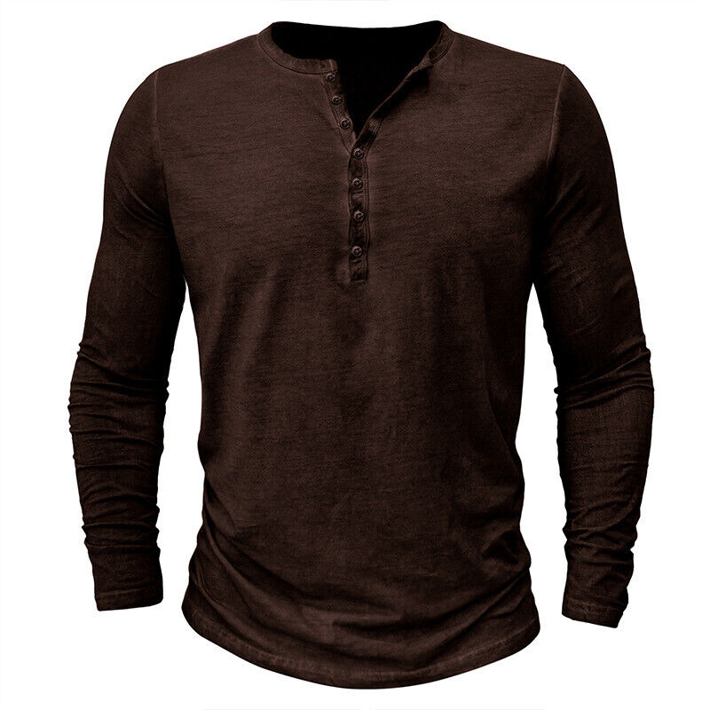 Men's casual long-sleeve Henley shirt with button placket