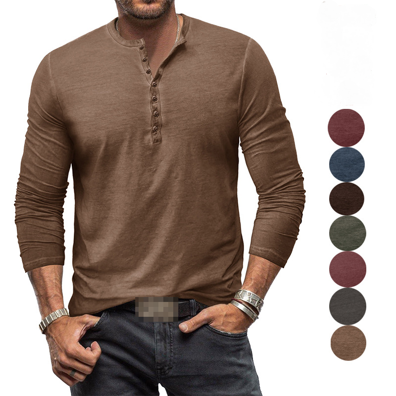 Men's casual long-sleeve Henley shirt with button placket