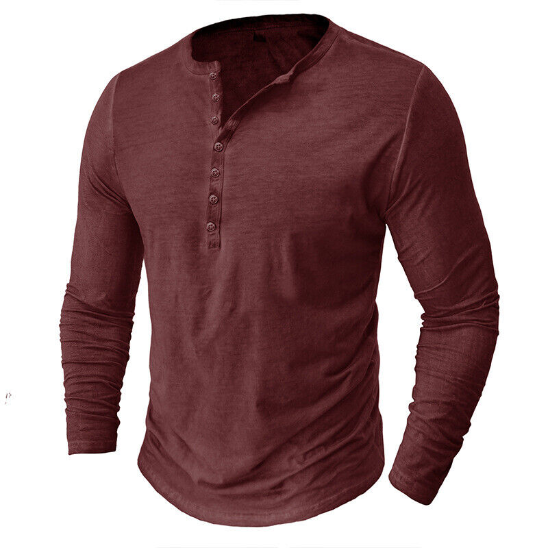 Men's casual long-sleeve Henley shirt with button placket