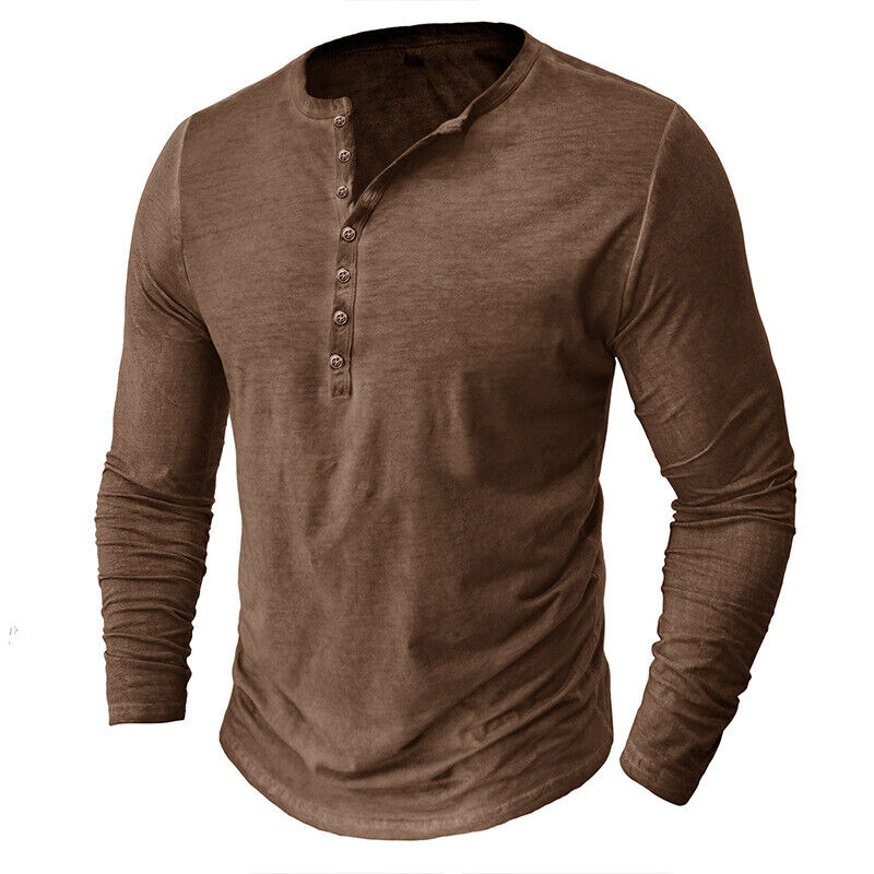 Men's casual long-sleeve Henley shirt with button placket