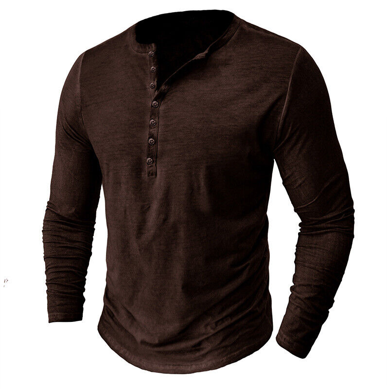 Men's casual long-sleeve Henley shirt with button placket