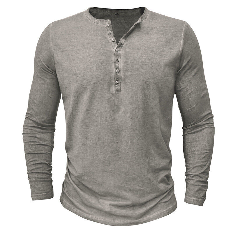 Men's casual long-sleeve Henley shirt with button placket